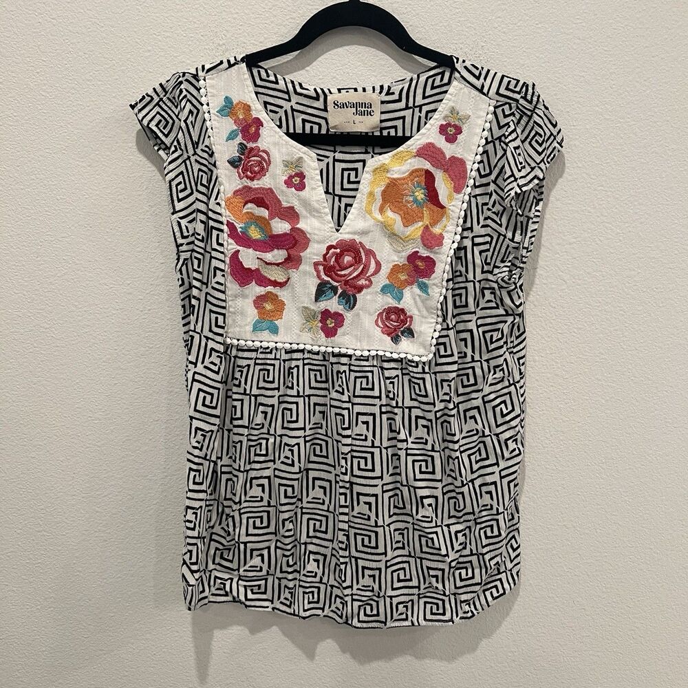 Savanna Jane Leopard Embroidered Floral Short Sleeve Shirt Boho Flowy Women's L